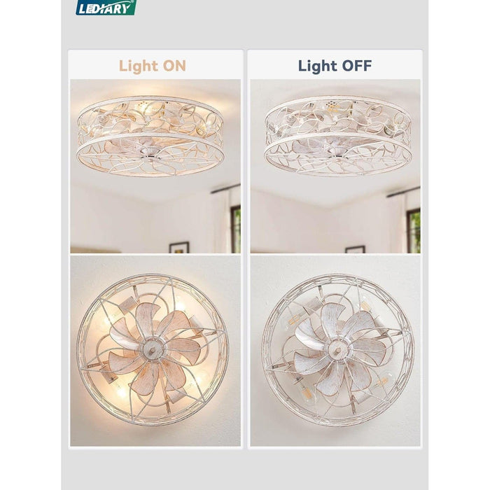 Caged Ceiling Fan with Lights, White Flush Mount Remote Control Fan, Small Low Profile Bladeless Ceiling Fan Light Fixture for Bedroom Kitchen Dining Room -6-ErisView