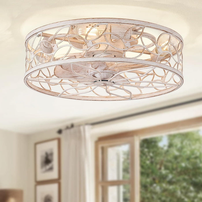 Caged Ceiling Fan with Lights, White Flush Mount Remote Control Fan, Small Low Profile Bladeless Ceiling Fan Light Fixture for Bedroom Kitchen Dining Room -8-ErisView