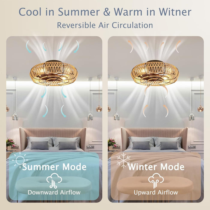Caged Low Ceiling Fan with Light and Remote, Boho Farmhouse Rattan Ceiling Fan, Enclosed Ceiling Fan, Fandelier for Bedroom Dining Room Living Room Kitchen-6-ErisView