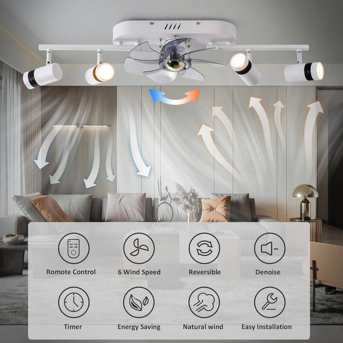 Ceiling Fan with Lights, White Ceiling Fan with LED Track Lighting, Ceiling Fan with Spotlights for Living Room Kitchen-3-ErisView
