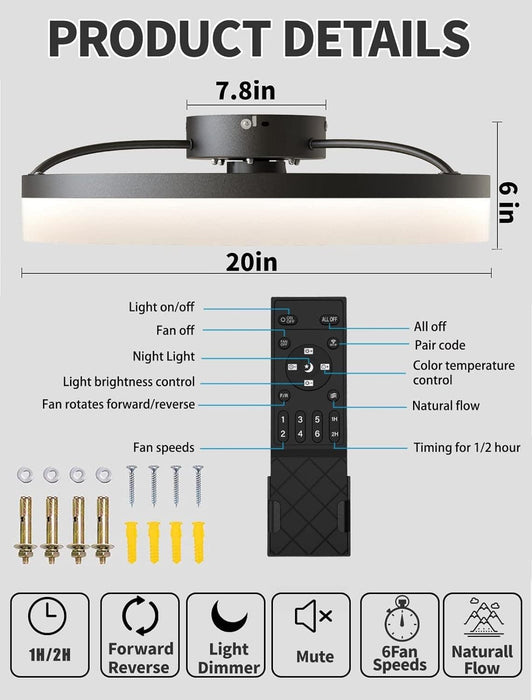 Ceiling Fan with Low Profile Light with Remote Control, Semi Flush Mount Ceiling Fans, Dimmable LED Ceiling Fan-7-ErisView