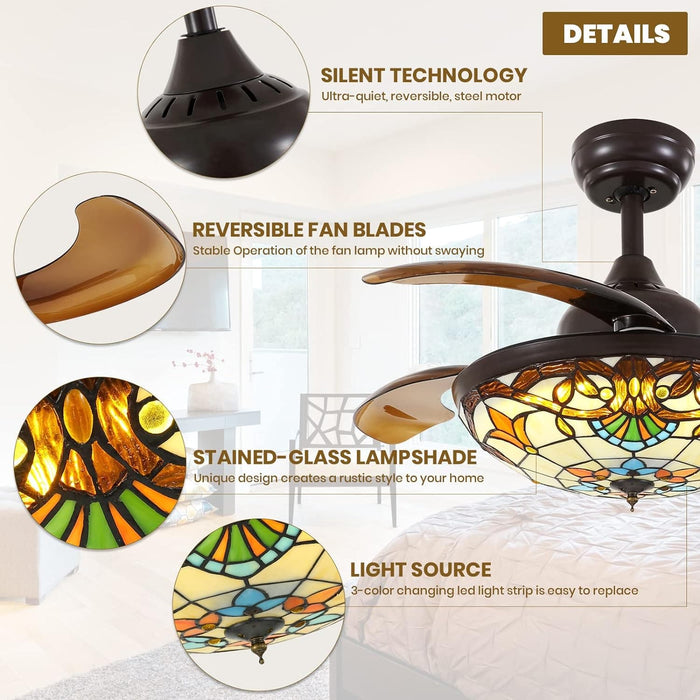 Ceiling Fan with Remote APP Control, Retractable Invisible Ceiling Fandelier for Bedroom Dining Living Room-3-ErisView