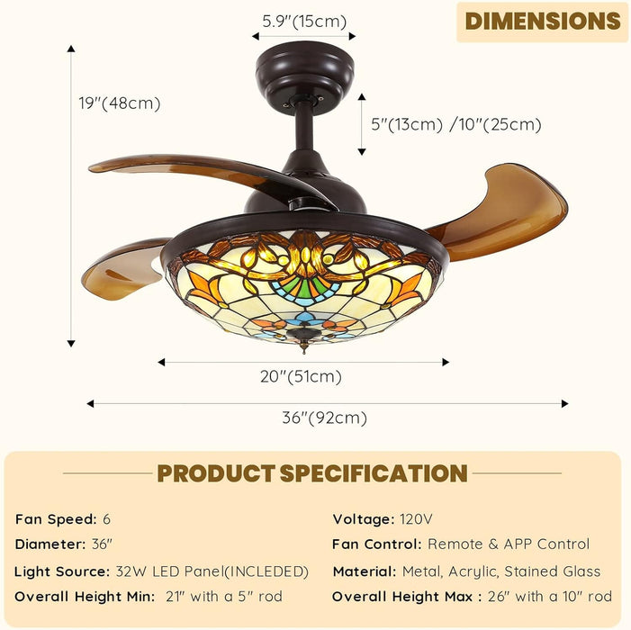 Ceiling Fan with Remote APP Control, Retractable Invisible Ceiling Fandelier for Bedroom Dining Living Room-4-ErisView
