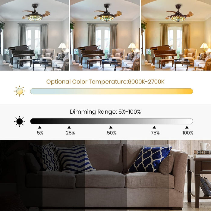 Ceiling Fan with Remote APP Control, Retractable Invisible Ceiling Fandelier for Bedroom Dining Living Room-5-ErisView