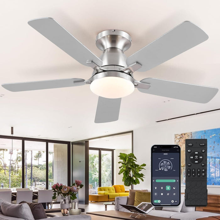Ceiling Fans with Lights and Remote APP Control, Flush Mount Reversible DC Ceiling Fan, Low Ceiling Fan Brushed Nickel Ceiling Fan for Bedroom Living Room -2-ErisView