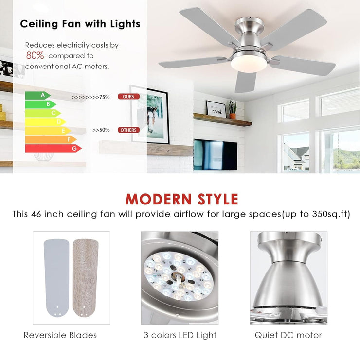 Ceiling Fans with Lights and Remote APP Control, Flush Mount Reversible DC Ceiling Fan, Low Ceiling Fan Brushed Nickel Ceiling Fan for Bedroom Living Room -3-ErisView