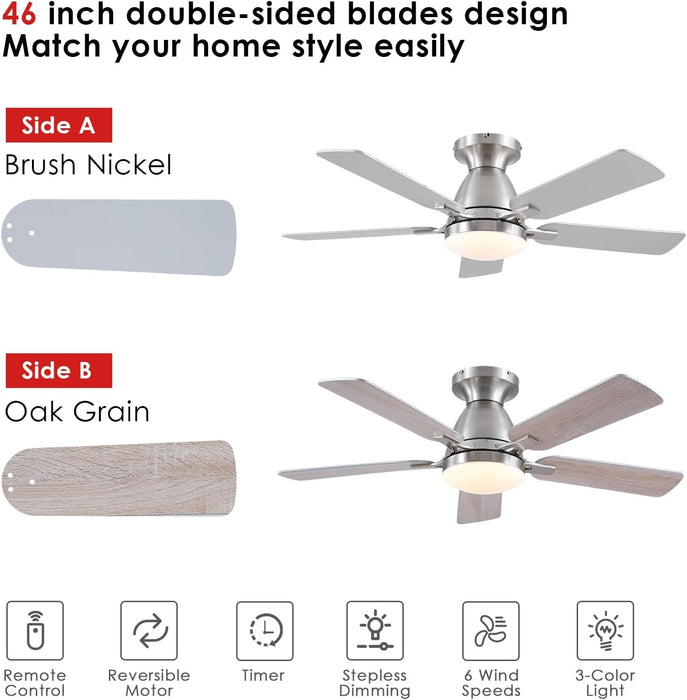 Ceiling Fans with Lights and Remote APP Control, Flush Mount Reversible DC Ceiling Fan, Low Ceiling Fan Brushed Nickel Ceiling Fan for Bedroom Living Room -5-ErisView