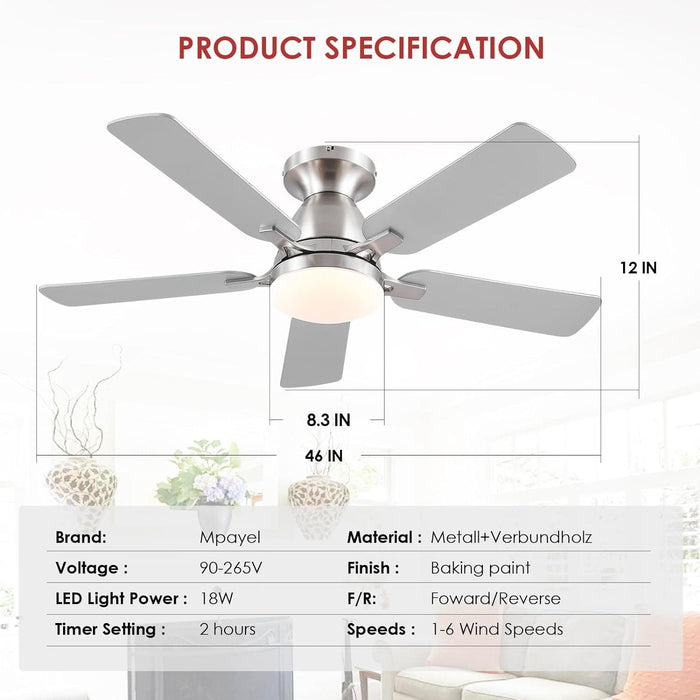 Ceiling Fans with Lights and Remote APP Control, Flush Mount Reversible DC Ceiling Fan, Low Ceiling Fan Brushed Nickel Ceiling Fan for Bedroom Living Room -8-ErisView