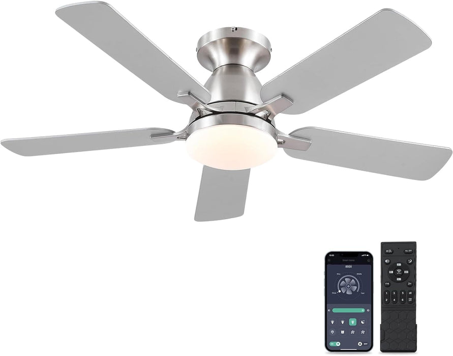 Ceiling Fans with Lights and Remote APP Control, Flush Mount Reversible DC Ceiling Fan, Low Ceiling Fan Brushed Nickel Ceiling Fan for Bedroom Living Room -1-ErisView