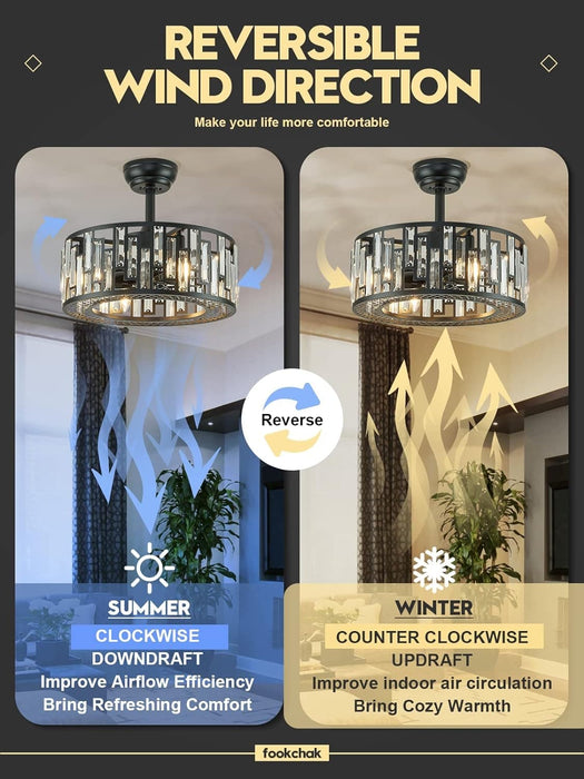 Crystal Caged Ceiling Fan Light, Modern Black Fandelier with Remote Control, Ceiling Fan without Blades for Dining Room Kitchen Living Room-5-ErisView