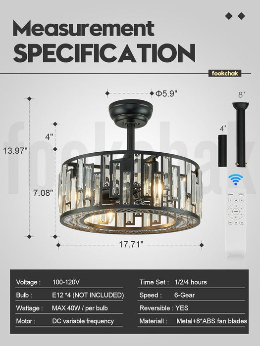Crystal Caged Ceiling Fan Light, Modern Black Fandelier with Remote Control, Ceiling Fan without Blades for Dining Room Kitchen Living Room-7-ErisView