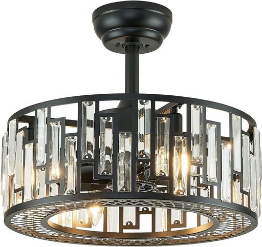 Crystal Caged Ceiling Fan Light, Modern Black Fandelier with Remote Control, Ceiling Fan without Blades for Dining Room Kitchen Living Room-1-ErisView