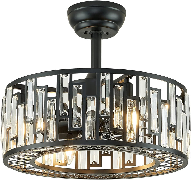 Crystal Caged Ceiling Fan Light, Modern Black Fandelier with Remote Control, Ceiling Fan without Blades for Dining Room Kitchen Living Room-1-ErisView