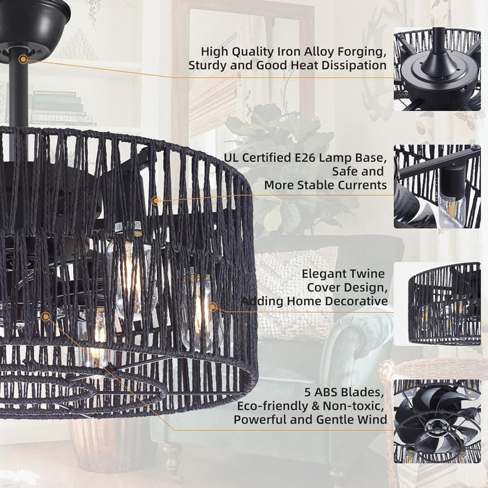 Crystal Caged Ceiling Fan with Light, Black Fandelier with Remote for Bedroom Living Room, Reversible Ceiling Fan without Blades-3-ErisView