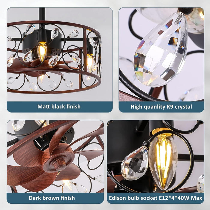 Crystal Ceiling Fan with Lights Caged, Small Industrial Style Ceiling Fans with Reversible Blades, Farmhouse Ceiling Fan for Kitchen Room-2-ErisView