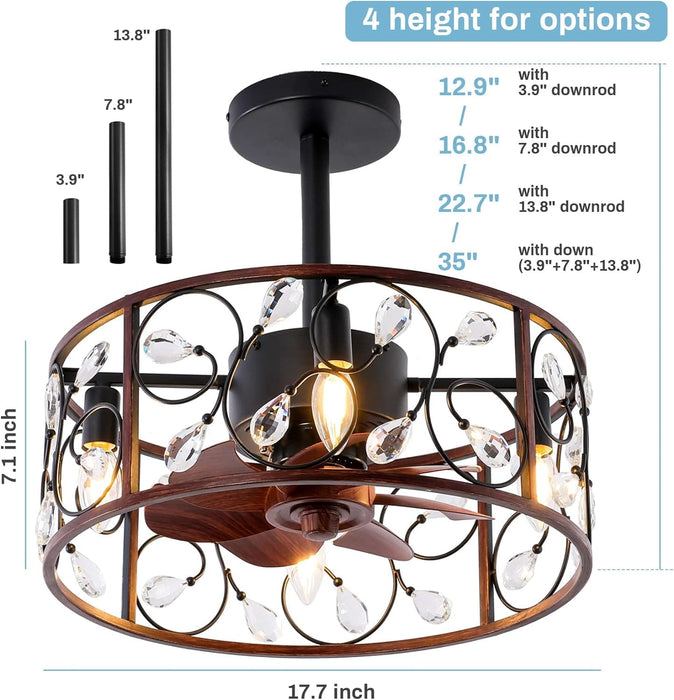 Crystal Ceiling Fan with Lights Caged, Small Industrial Style Ceiling Fans with Reversible Blades, Farmhouse Ceiling Fan for Kitchen Room-3-ErisView