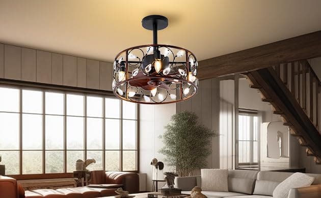 Crystal Ceiling Fan with Lights Caged, Small Industrial Style Ceiling Fans with Reversible Blades, Farmhouse Ceiling Fan for Kitchen Room-7-ErisView
