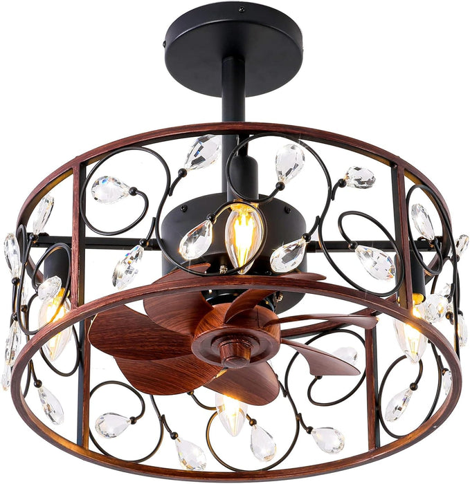 Crystal Ceiling Fan with Lights Caged, Small Industrial Style Ceiling Fans with Reversible Blades, Farmhouse Ceiling Fan for Kitchen Room-1-ErisView