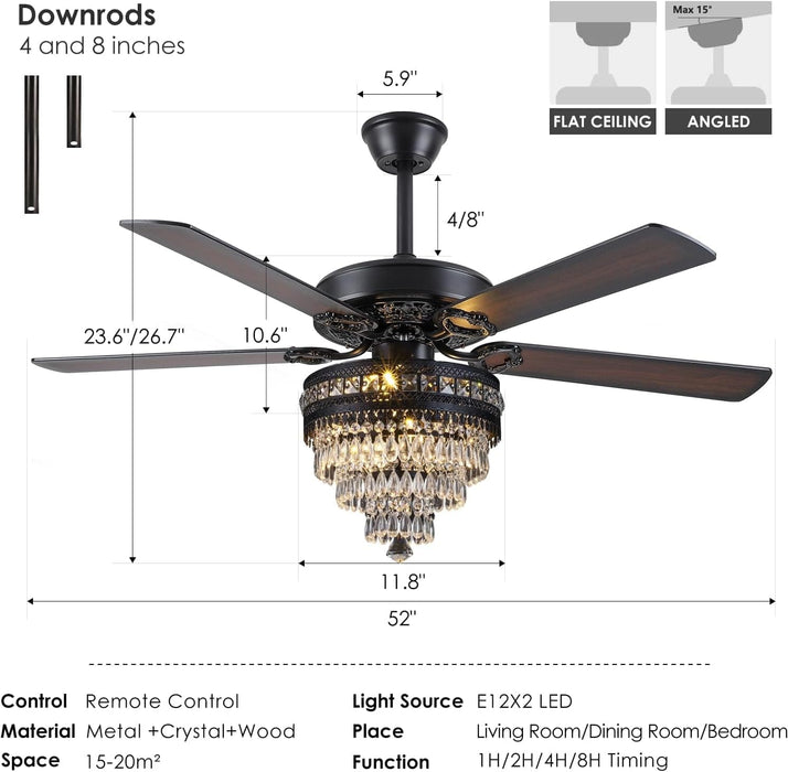 Crystal Ceiling Fandelier, Modern Outdoor Fan with Light and Remote, Quiet Retro Farmhouse Ceiling Fan with Light for Dining Room Living Room-3-ErisView