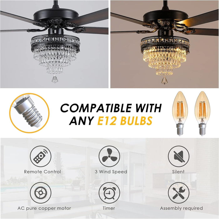 Crystal Ceiling Fandelier, Modern Outdoor Fan with Light and Remote, Quiet Retro Farmhouse Ceiling Fan with Light for Dining Room Living Room-4-ErisView