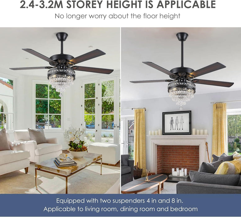Crystal Ceiling Fandelier, Modern Outdoor Fan with Light and Remote, Quiet Retro Farmhouse Ceiling Fan with Light for Dining Room Living Room-6-ErisView