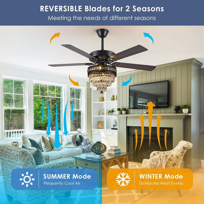 Crystal Ceiling Fandelier, Modern Outdoor Fan with Light and Remote, Quiet Retro Farmhouse Ceiling Fan with Light for Dining Room Living Room-8-ErisView