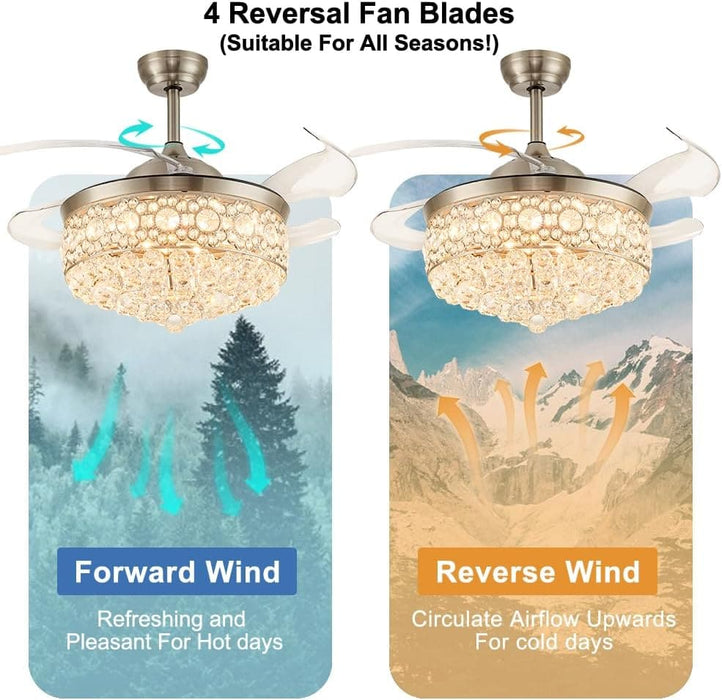 Dimmable Crystal Chandeliers Fan, LED Crystal Ceiling Fan with Light and Remote, Retractable Blade Fandeliers, Nickel Ceiling Fan-2-ErisView
