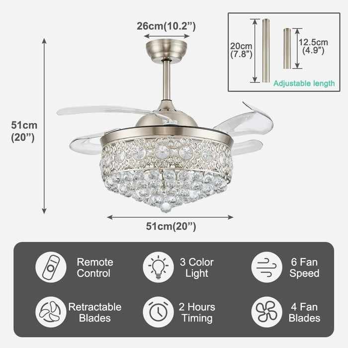 Dimmable Crystal Chandeliers Fan, LED Crystal Ceiling Fan with Light and Remote, Retractable Blade Fandeliers, Nickel Ceiling Fan-3-ErisView