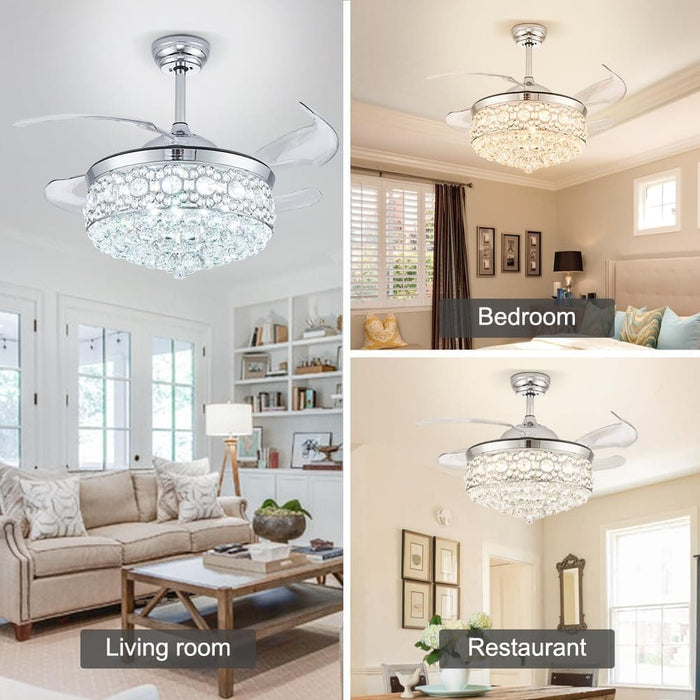 Dimmable Crystal Chandeliers Fan, LED Crystal Ceiling Fan with Light and Remote, Retractable Blade Fandeliers, Nickel Ceiling Fan-4-ErisView