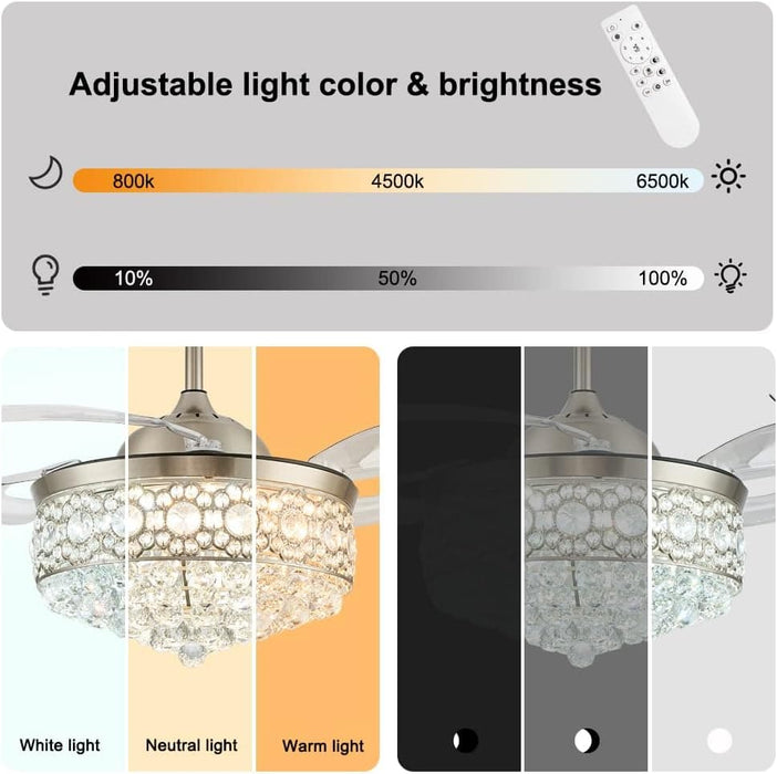 Dimmable Crystal Chandeliers Fan, LED Crystal Ceiling Fan with Light and Remote, Retractable Blade Fandeliers, Nickel Ceiling Fan-5-ErisView