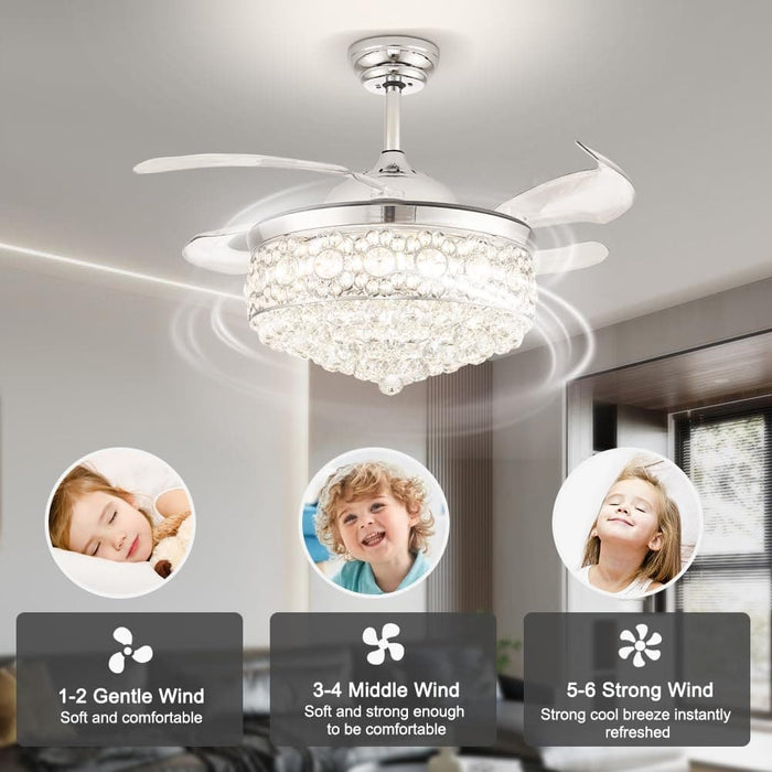 Dimmable Crystal Chandeliers Fan, LED Crystal Ceiling Fan with Light and Remote, Retractable Blade Fandeliers, Nickel Ceiling Fan-8-ErisView