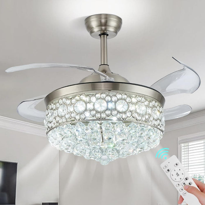 Dimmable Crystal Chandeliers Fan, LED Crystal Ceiling Fan with Light and Remote, Retractable Blade Fandeliers, Nickel Ceiling Fan-1-ErisView