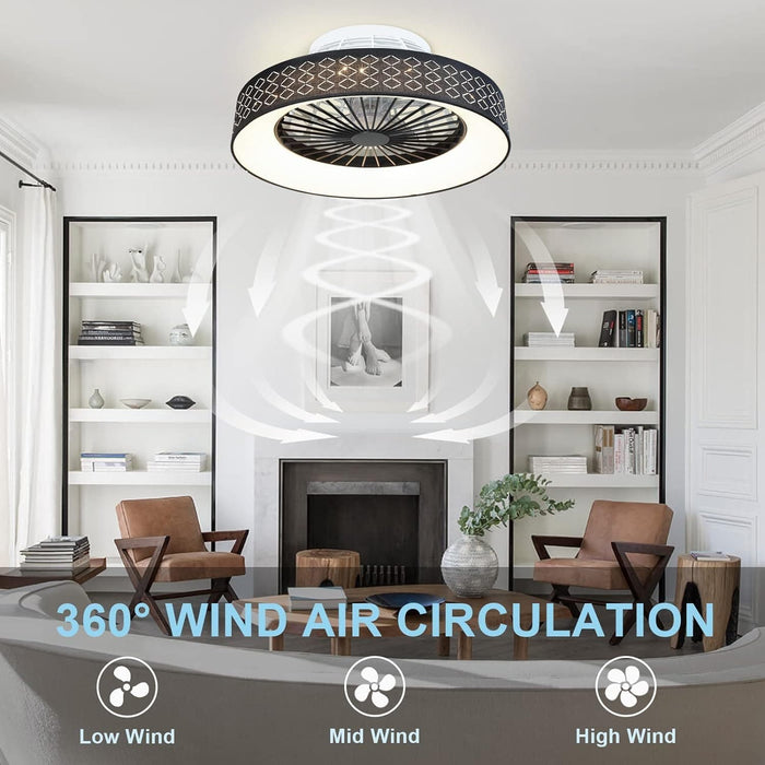 Dimmable Low Profile Remote Control Ceiling Fan and Light, Black Modern Flush Mount Bladeless Enclosed Ceiling Fan for Bedroom Living Room-10-ErisView
