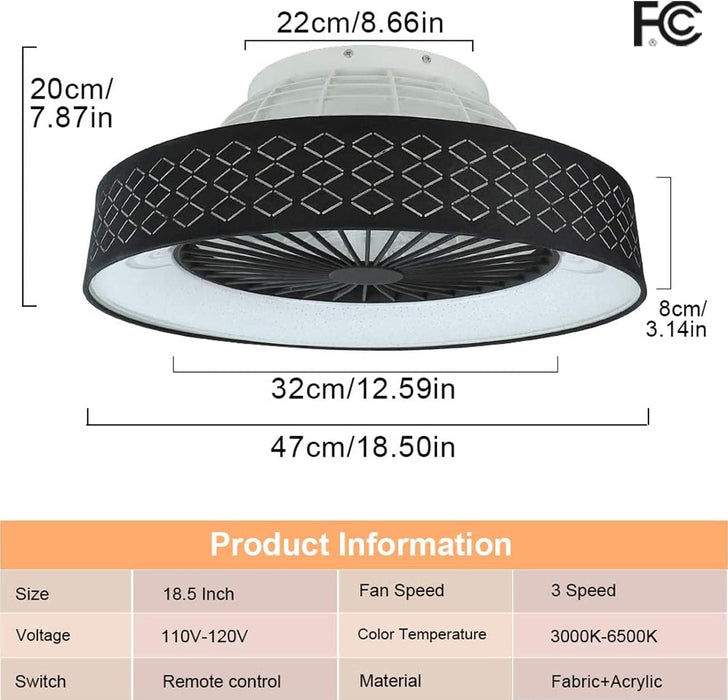 Dimmable Low Profile Remote Control Ceiling Fan and Light, Black Modern Flush Mount Bladeless Enclosed Ceiling Fan for Bedroom Living Room-11-ErisView
