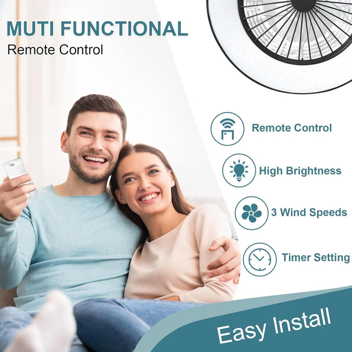 Dimmable Low Profile Remote Control Ceiling Fan and Light, Black Modern Flush Mount Bladeless Enclosed Ceiling Fan for Bedroom Living Room-2-ErisView