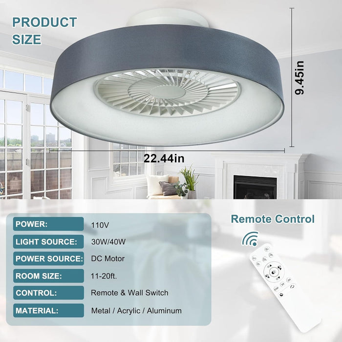 Dimmable Low Profile Remote Control Ceiling Fan and Light, Black Modern Flush Mount Bladeless Enclosed Ceiling Fan for Bedroom Living Room-36-ErisView
