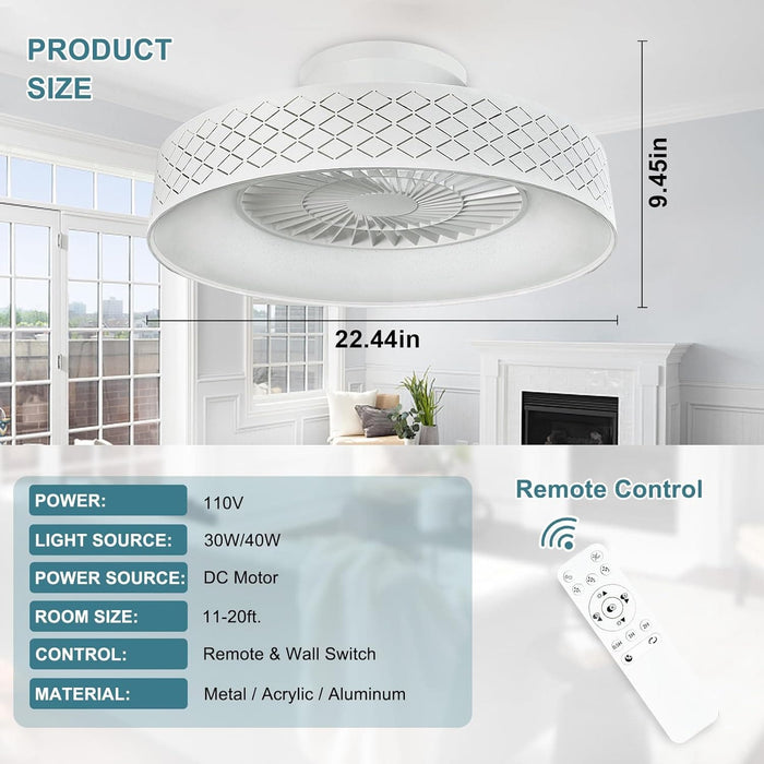 Dimmable Low Profile Remote Control Ceiling Fan and Light, Black Modern Flush Mount Bladeless Enclosed Ceiling Fan for Bedroom Living Room-43-ErisView