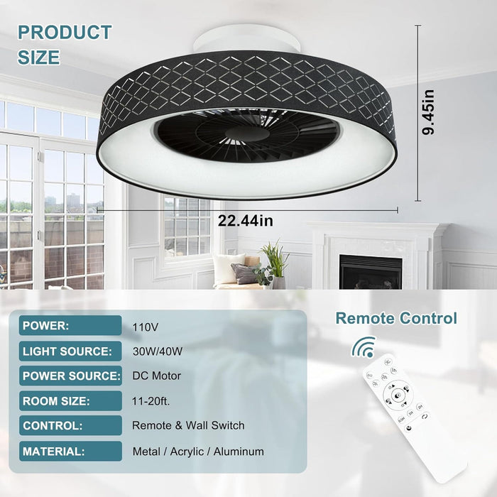 Dimmable Low Profile Remote Control Ceiling Fan and Light, Black Modern Flush Mount Bladeless Enclosed Ceiling Fan for Bedroom Living Room-6-ErisView