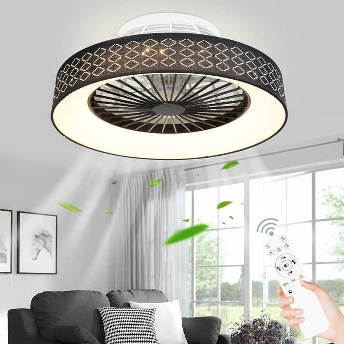 Dimmable Low Profile Remote Control Ceiling Fan and Light, Black Modern Flush Mount Bladeless Enclosed Ceiling Fan for Bedroom Living Room-9-ErisView