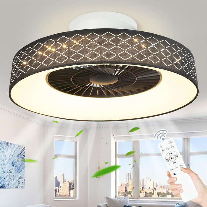 Dimmable Low Profile Remote Control Ceiling Fan and Light, Black Modern Flush Mount Bladeless Enclosed Ceiling Fan for Bedroom Living Room-1-ErisView