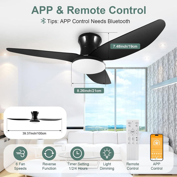 Dimmable Quiet Remote Control Ceiling Fan and Light APP, Black Ceiling Fan for Bedroom Living Room Kitchen Dining Room-2-ErisView