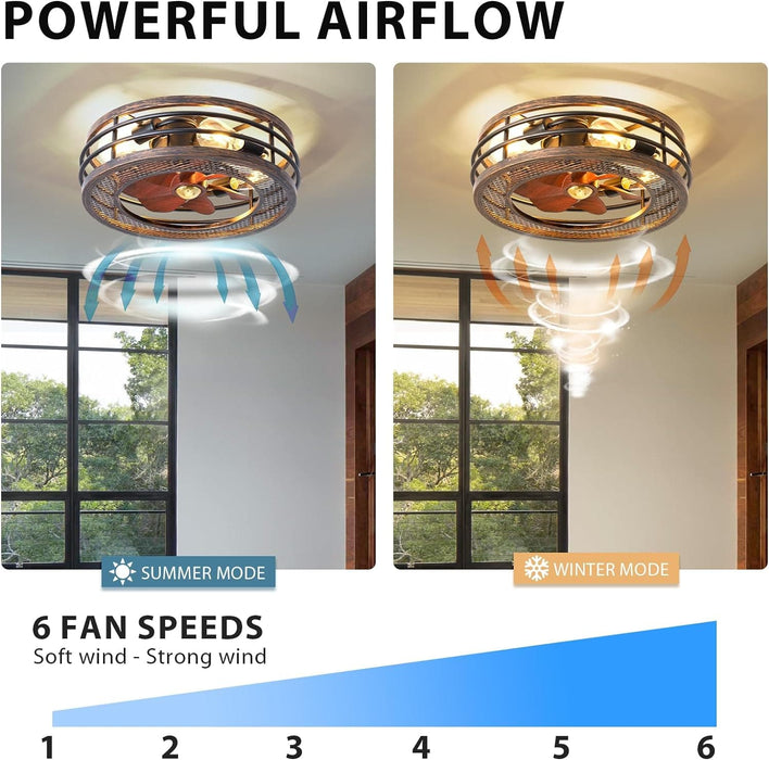 Enclosed Caged Ceiling Fan with Light and Remote, Small Flush Mount Ceiling Fans Winter Summer, Rustic Low Profile Ceiling Fan for Bedroom Kitchen-2-ErisView