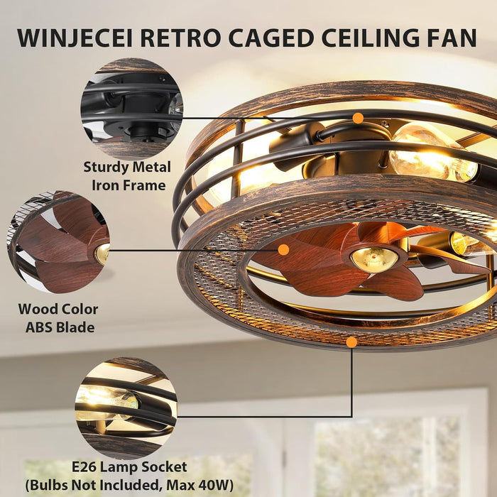 Enclosed Caged Ceiling Fan with Light and Remote, Small Flush Mount Ceiling Fans Winter Summer, Rustic Low Profile Ceiling Fan for Bedroom Kitchen-3-ErisView