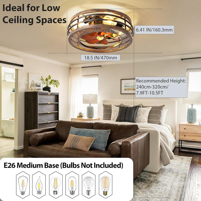 Enclosed Caged Ceiling Fan with Light and Remote, Small Flush Mount Ceiling Fans Winter Summer, Rustic Low Profile Ceiling Fan for Bedroom Kitchen-4-ErisView