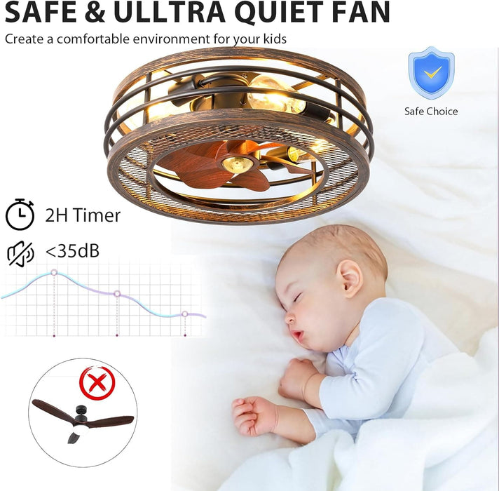 Enclosed Caged Ceiling Fan with Light and Remote, Small Flush Mount Ceiling Fans Winter Summer, Rustic Low Profile Ceiling Fan for Bedroom Kitchen-5-ErisView