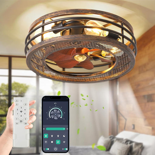 Enclosed Caged Ceiling Fan with Light and Remote, Small Flush Mount Ceiling Fans Winter Summer, Rustic Low Profile Ceiling Fan for Bedroom Kitchen-1-ErisView
