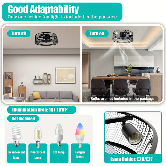 Farmhouse Black Caged Ceiling Fan with Lights, Small Slient Ceiling Fan Light Fixture for Kitchen Bedroom Living Room-ErisView