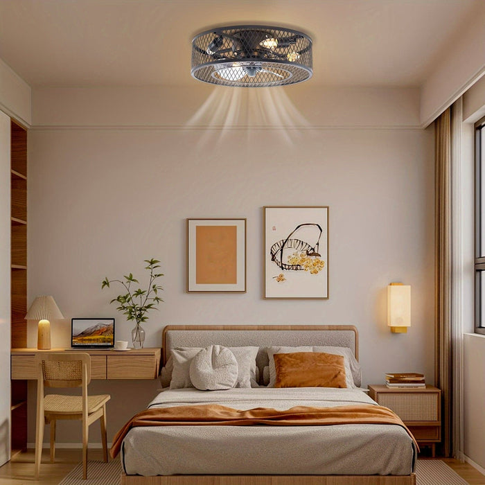 Farmhouse Black Caged Ceiling Fan with Lights, Small Slient Ceiling Fan Light Fixture for Kitchen Bedroom Living Room-ErisView