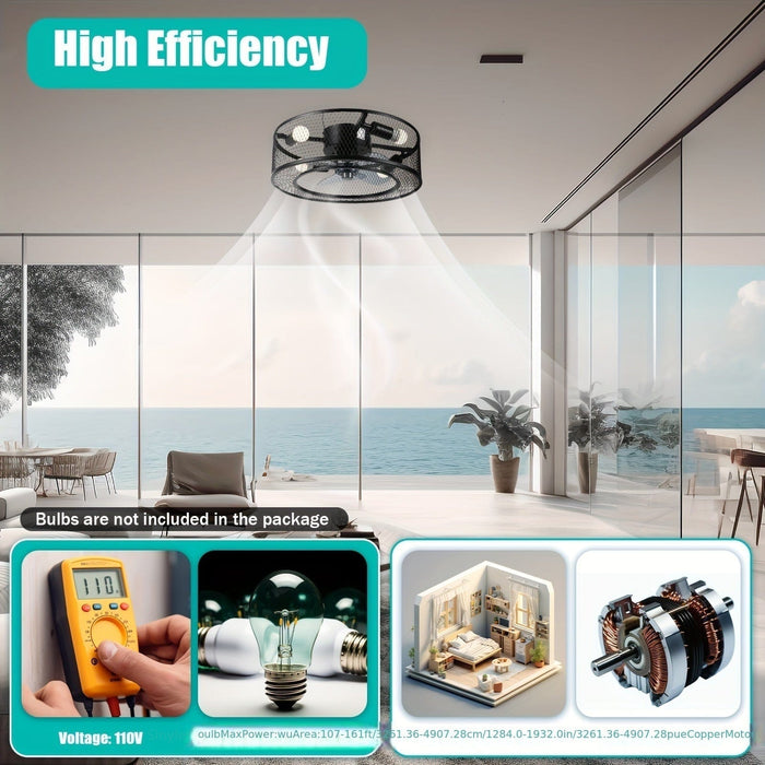Farmhouse Black Caged Ceiling Fan with Lights, Small Slient Ceiling Fan Light Fixture for Kitchen Bedroom Living Room-ErisView