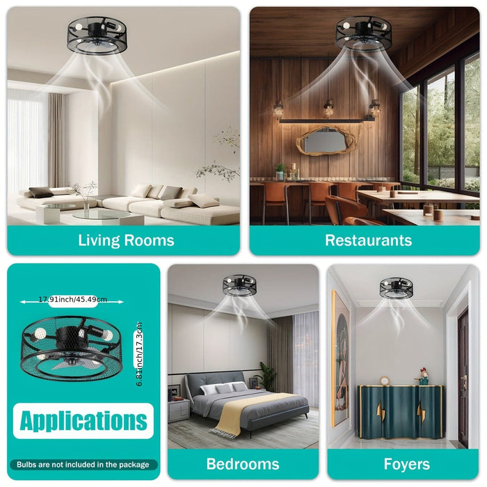 Farmhouse Black Caged Ceiling Fan with Lights, Small Slient Ceiling Fan Light Fixture for Kitchen Bedroom Living Room-ErisView